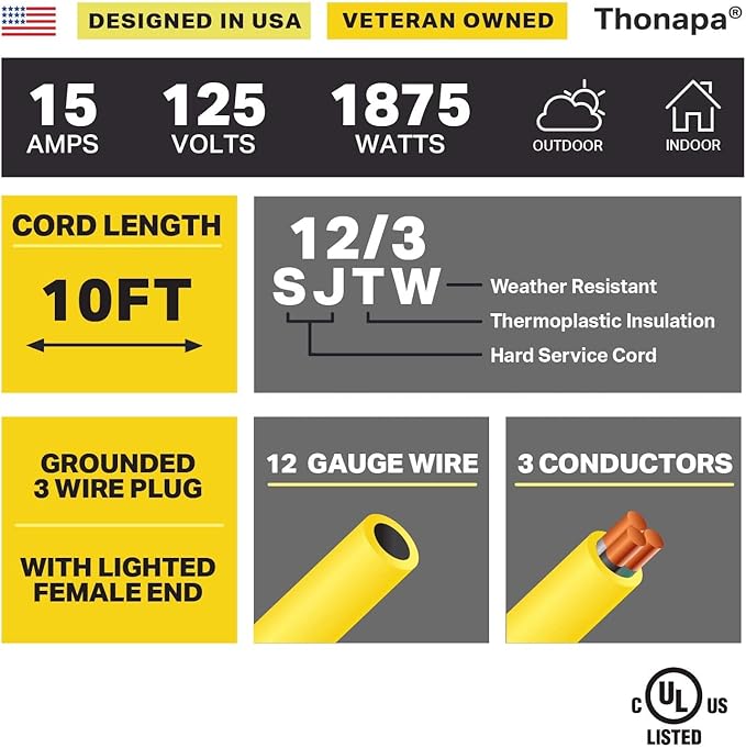 10 Foot Lighted Outdoor Extension Cord - 12/3 SJTW Heavy Duty Yellow Extension Cable with 3 Prong Grounded Plug for Safety - Great for Garden and Major Appliances