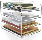 4 Tier Paper Organizer Letter Tray - Acrylic Tray Organizer for Desk, Paper Sorter Organizer for Letter/A4 Office File Folder Holder - Crystal-Clear File Organizer