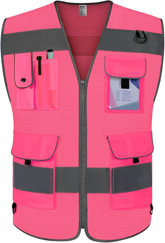 TCCFCCT Mesh Reflective Vest 9 Pockets High Visibility Safety Vest for Men Women, Hi Vis Construction Vest with Reflective Strips, Meets ANSI/ISEA Standards, (Pink, Small)