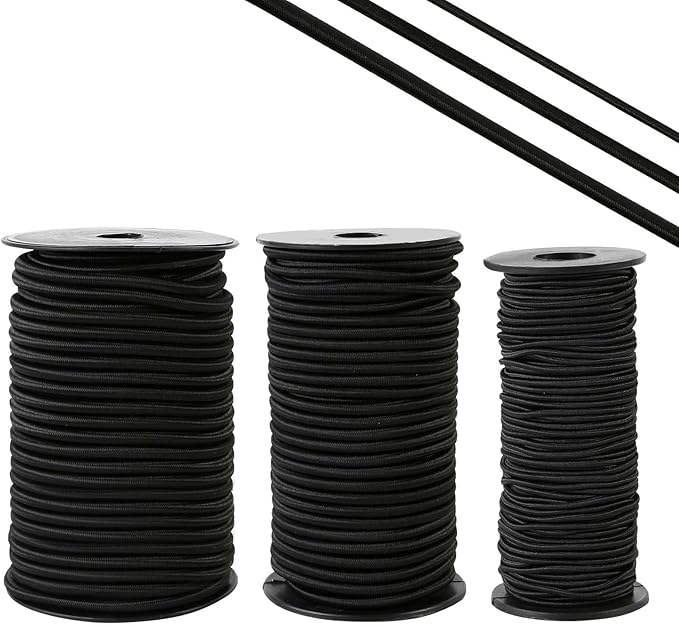 Strong and Durable Bungee Cord Roll - 1/8" x 100ft Elastic Cord, Kayak Stretch String Rope, Bungee Shock Cords for Repairing Tent Poles, DIY, Tie Downs, Black