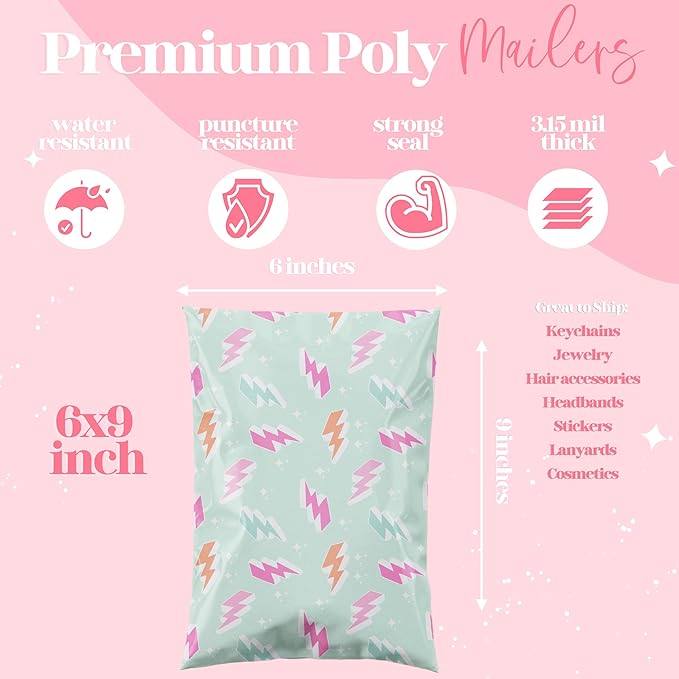 6x9 Designer Poly Mailer 100 Pack Heavy Duty Waterproof Self Seal Shipping Bags for Small Business Large Mailing Envelopes Bulk Tear Resistant Cute Packaging Lightning Bolt