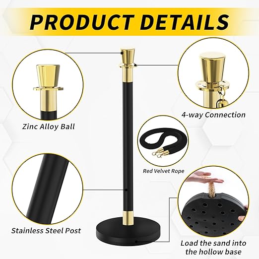 Black Stanchion, 5 ft Black Velvet Rope Red Carpet Ropes and Poles, Stainless Steel Stanchions Post Used for Theaters, Parties, Wedding, Exhibition, 6PCS