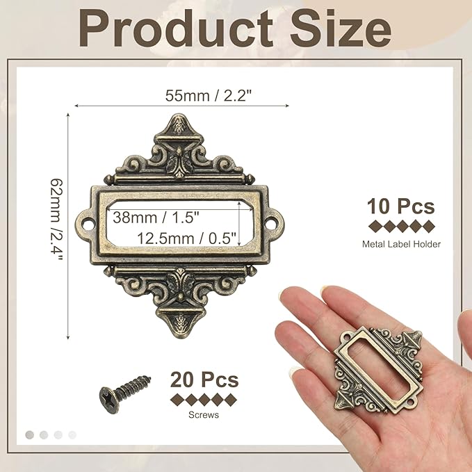 uxcell 10 Pcs Metal Label Holder, 2.2 x 2.4 Inch Small Vintage Card Frame Tag Floral Lace Label Holder with Screws for File Boxes Drawers Door Cabinet Book Shelves, Bronze Green