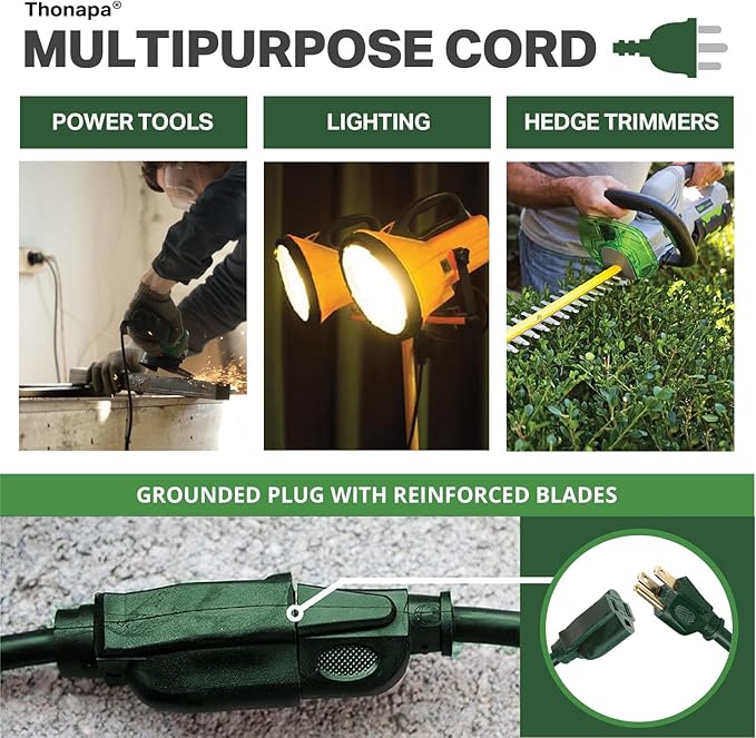 Weatherproof Green Extension Cord 15 ft, 2 Pack, 16/3 SJTW Water Resistant Outdoor Extension Cord 15 Foot 3 Prong, 13 AMP Electric Cable for Outside, Outdoor Lights & Landscaping