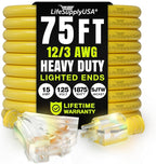 75ft Outdoor/Indoor Extension Cord 3-Outlet 12/3 Gauge Extra Heavy Duty 3 Prong SJTW, Waterproof, Flexible Cold-Resistant Long Power Cord,15A 125V 1875W, Yellow by LifeSupplyUSA