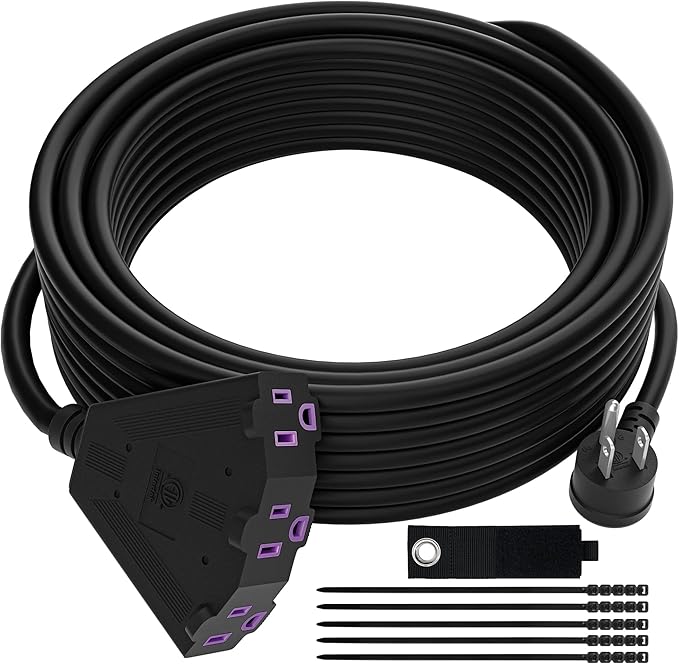 Outdoor Extension Cord 50 FT with 3 Outlets, 3 Prong 90 Degree Angled Plug, 12/3 Heavy Duty 12 Gauge Power Cable, 12AWG, SJTW, 15A, 125V, 1875W, ETL Listed, Black Wire, with Free Carrying Strap+Ties
