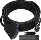 Outdoor Extension Cord 75 FT with 3 Outlets, 3 Prong 90 Degree Angled Plug, 12/3 Heavy Duty 12 Gauge Power Cable, 12AWG, SJTW, 15A, 125V, 1875W, ETL Listed, Black Wire, with Free Carrying Strap+Ties
