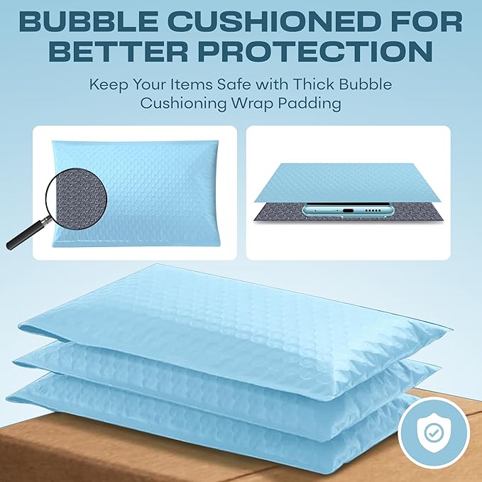 Light Blue Poly Bubble Mailers 7.25x12 inch #1 | Self Seal Padded Envelopes | Cushioned Bubble Mailer | Usable Size 7.25x11 | WaterProof | Lightweight mailing Shipping Bags | 200 Pack Bulk