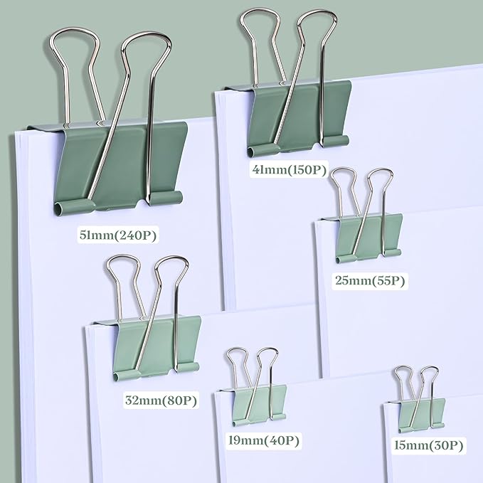 Temiary Aesthetic Binder Clips, 24 Pcs 1.6 Inches Small Metal Binder Clip with Clear Storage Container, Binding Paperwork Clamps for School Teachers Office Supplies (Green)