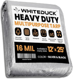 WHITEDUCK Super Heavy Duty Poly Tarp Cover 16 Mil & 10 Mil with Grommets and Reinforced Edges (Brown, White & Silver Black) (Silver Black- 16 Mil, 12' x 25')