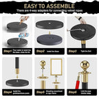 kaiyomi 8Pcs Stanchions Posts Velvet Ropes with Red Carpet and Sign Frame, Water or Sand-Fillable Base, Suitable for 8.5" x 11" A4 Paper Size Sign Frame for Red Carpet Party Decoration (Black&Golden)