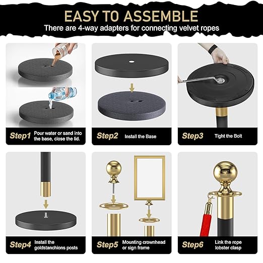 kaiyomi 6Pcs Stanchions Posts Velvet Ropes with Red Carpet and Sign Frame, Water or Sand-Fillable Base, Suitable for 8.5" x 11" A4 Paper Size Sign Frame for Red Carpet Party Decoration (Black&Golden)