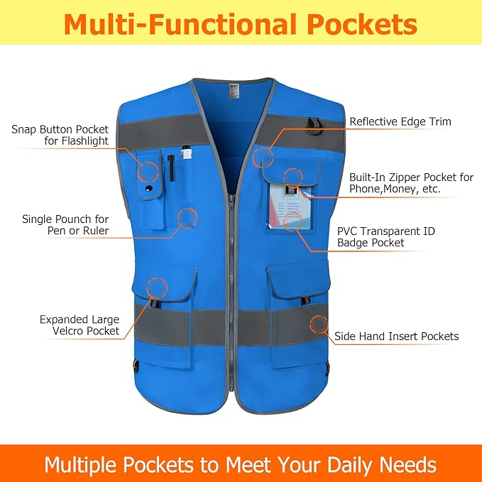 TCCFCCT Reflective Safety Vest 9 Pockets High Visibility Vest for Men Women, Hi Vis Reflective Work Vest for Safety, Meets ANSI/ISEA Standards, (Blue, XX-Large)