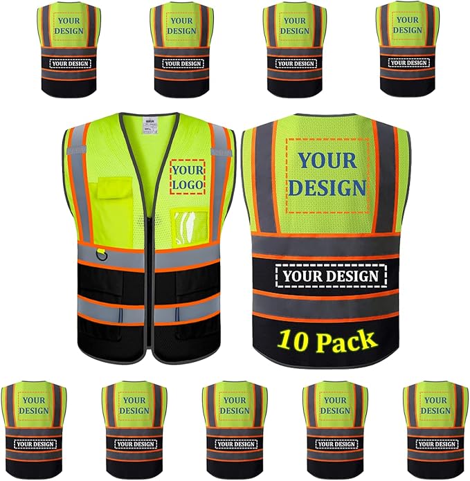 BeautyWill 10 Pack Custom Safety Vest Customized Logo Mesh Vest Class2 High Visibility Reflective Vest with Pockets Workwear（Yellow Black，XXL ）