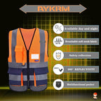 A-SAFETY High Visibility Safety Vest with 4 Reflective Strips 7 Pockets,Orange&Navy Mesh X-Small