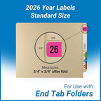 2026 Year Labels, Doctor Stuff 2026 Chart Stickers, Fluorescent Pink Color Coded, USA Made Year Stickers for End Tab File Folders, 500 Labels/Roll in a Dispenser Box, 3/4" x 1-1/2"