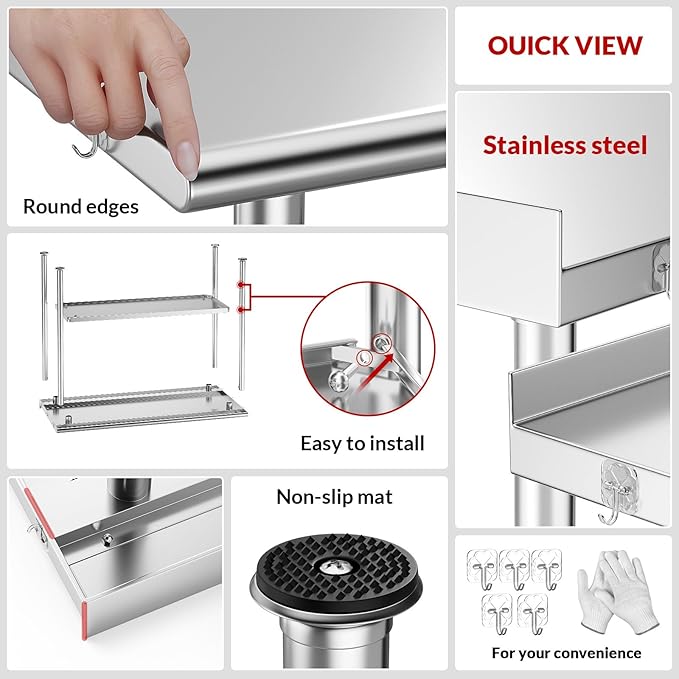 All-Stainless Steel Prep Table, 30 X 48 Inch, with Rounded-Edges and Adjustable Undershelf, Heavy-Duty Build for Outdoor Use,Restaurants,Hotels,Workshops,Kitchens,Gardens, and Garages