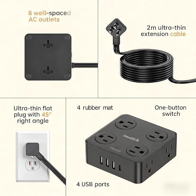 6.5Ft Power Strip with Surge Protector, 8 Outlets 4 USB Ports Extension Cord, Flat Plug Charging Station for Home Office Desk & College Dorm Essentials, Black
