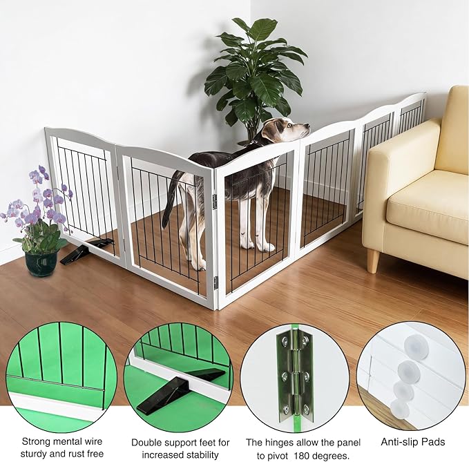 Dog Fence Indoor - 6-Panel Freestanding Dog Gate for Doorways,Hallways, House or Stairs -120x24-Inch Retractable Foldable Expandable Wood Pet by SFJC (White)