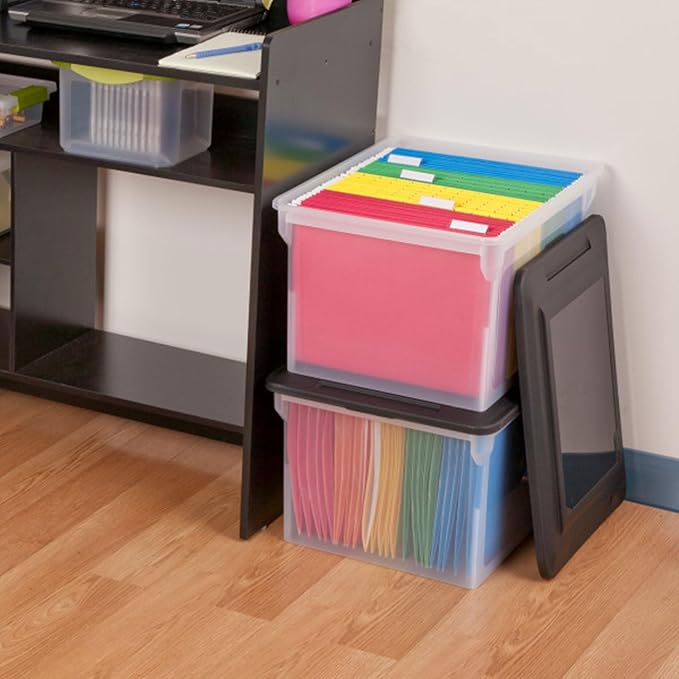 Sterilite File Box, Stackable Storage Bin with Lid, Organize Receipts, Bills, Taxes and Papers in the Home, Office, Clear Base with Black Lid, 16-Pack
