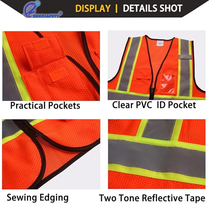Safety Vest for Men Women Reflective with 5 Pockets and Zipper Front Mesh High Visibility Vest Hi Vis Construction Work Vest,Meets ANSI/ISEA Standards(EK175-Orange-2XL)
