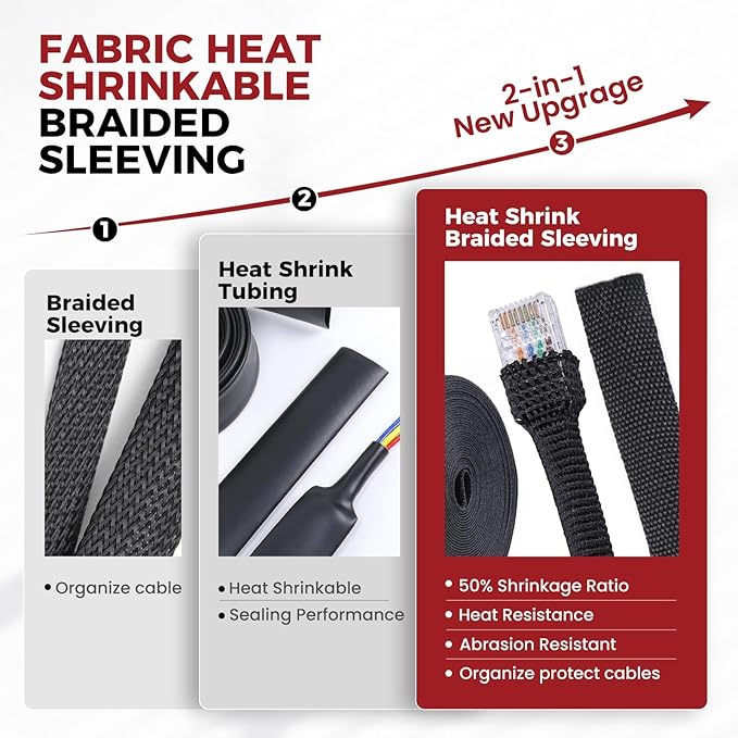 Braided Sleeving 2:1 Shrinkable Fabric Heat Shrink Tubing- Abrasion Protection Flexibility Wiring Harness Cable Sheath (1/2" ID, 30ft)