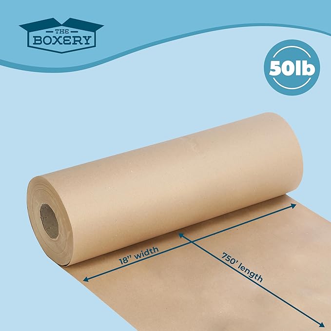 The Boxery Kraft/Brown Kraft Paper Roll, 18” x 9000” (750’)-50lb. Thickness, Heavy Duty Brown Wrapping Paper, Natural Kraft Packing Paper, Void Fill, Arts and Crafts, Bulletin Boards, Gift Wrapping