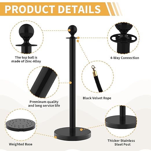 8Pcs Stanchions and Velvet Ropes, Black Stanchions with Retractable Belts, Crowd Control Barriers with Hollow Base, Red Carpet Ropes and Posts for Event & Party Supplies