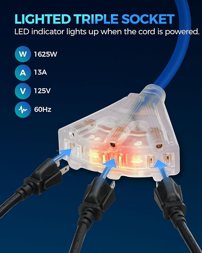 Retractable Extension Cord Reel, 50 FT Heavy Duty Power Cord, 14AWG/3C SJTOW, 3 Grounded Outlets Lighted Triple Tap, 13 Amp Circuit Breaker, UL Listed, Blue U50CR06