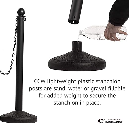 Montour Line Plastic Stanchion Black 2.5 Inch Diameter with 50 Foot Chain, 6-Pack, Crowd Control Barriers