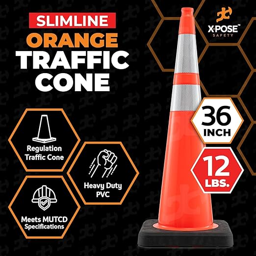 Xpose Safety 36 Inch Orange Slim Line Traffic Cones Heavy Duty 12lb 6" & 4" Collar - Bulk Full Pallet 234 Pack - Multipurpose PVC Plastic Safety Cone Parking, Caution & Construction - DOT Approved