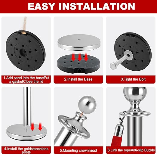 6 PCS Stainless Steel Stanchion Post,5Ft Red Velvet Rope, Hollow Base and Velvet Ropes Safety Barriers Set, Poles Crowd Control Barriers for Red Carpet Themed Decoration