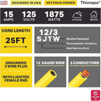 2 Pack Lighted Outdoor Extension Cord 25 ft - 12 Gauge 15 Amp Heavy Duty Power Extension Cords - SJTW - Great for Major Appliances, Power Tools, Garden Supplies - Yellow