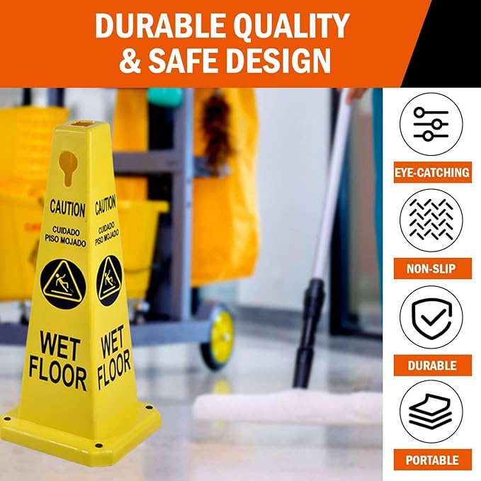 Caution Wet Floor Sign, 26.4-Inch Safety Cone, 8 Pack Yellow Plastic, High-Visibility, Non-Fading, Slip-Resistant Base, Stackable, Indoor Outdoor Warning Sign