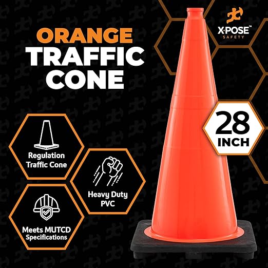 Xpose Safety 28 Inch Orange Traffic Cones, 1-Pack - Multipurpose PVC Plastic Safety Cone for Parking, Soccer, Caution, Kids and Construction - DOT Approved