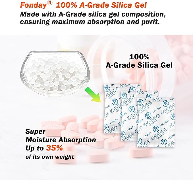 2g x 500 Packs Fonday Food Grade Silica Gel Desiccants Packs Moisture Absorbers Dehumidifier for Food Storage, Electronics, 3D Filament & Safes