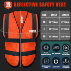 JaGely 15 Pack Reflective Safety Vests with Pockets and Zipper Construction Work High Visibility Vest for Men Women(Large,Orange Red)