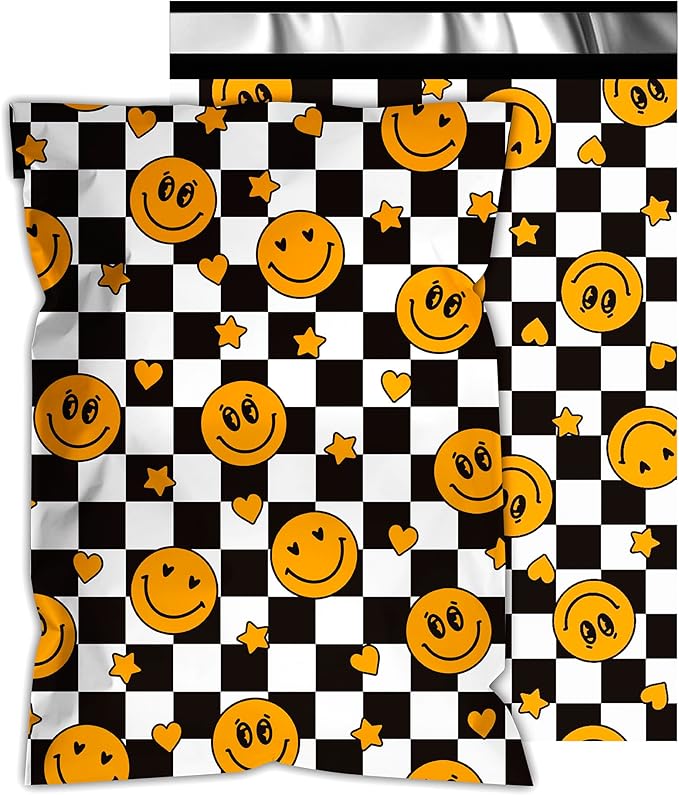 Poly Mailers 6x9 Inch 100 Pcs - Smiles Checkerboard Printed Shipping Bags, 2.4mil Thickness, Waterproof and Tear Resistant Mailing Envelopes, Self-Sealing Packaging Bags for Small Business