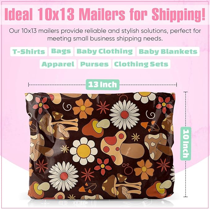 10x13 Poly Mailers – Cottagecore Mushrooms – Waterproof, Tear-Resistant Shipping Bags with Adhesive Seal – 50 Pack – Package Mint