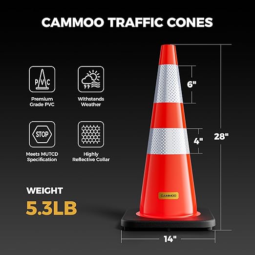 8 Pack 28 Inch Traffic Cones with Black Base, from -22℉ to 131℉, MUTCD-Compliant Orange Safety Cone with Reflective Collar ＆ Extra Caution Tape for Parking Lot, Construction Work, Road Safety