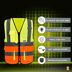 A-SAFETY High Visibility Safety Vest, ANSI Class 2 Identification Security Vest with 2'' Reflective Silver Strip, Front Zipper Construction Vest for Night, Orange&Yellow Color Mixed, XXL