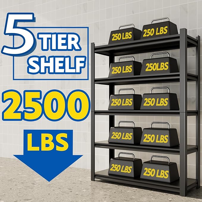 72''H Garage Shelving Heavy Duty, 2500LBS Storage Shelves, 5-Tier Adjustable Metal Shelve Storage Shelf Rack, Industrial Shelving Unit for Garage, Warehouse, Basement (35" W x 15.7" D x 72" H)