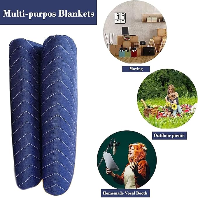 2 Pack Moving Blankets Heavy Duty 80"x72" Quilted Packing Blankets for Moving Furniture Padded Shipping Furniture Mover Blue