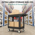 2 Shelf Heavy Duty Plastic Utility Cart, Service Cart Tub Storage W/Deep Shelve Holds up to 1000 lbs, Rolling Utility Cart with 360°Swivel Wheels, Work Cart for Warehouse, Garage, Cleaning