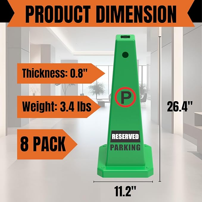 Reserved Parking Sign, 26.4-Inch Green Plastic Cone, High-Visibility, Weatherproof, Slip-Resistant Base, Stackable, Indoor Outdoor Parking Control - 4 Pack