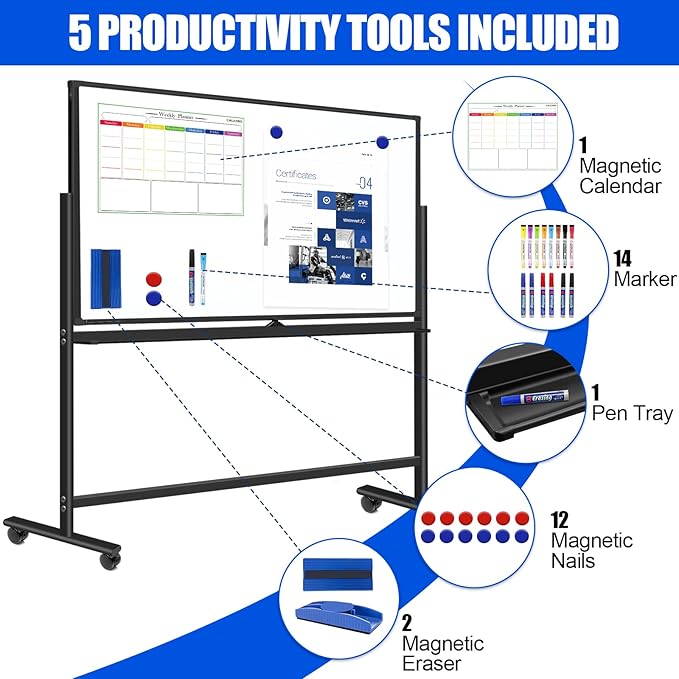 Magnetic Mobile Whiteboard 72 X 48 Rolling White Boards on Wheels, Large Double-Sided 6' x 4' Dry Erase Board with Stand, Standing White Board with Eraser & Marker & Magnet & Magnetic Calendar