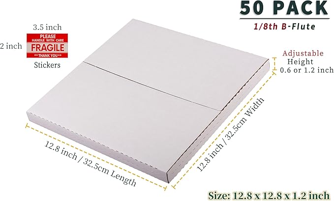50 Pack Vinyl Record Mailers 12.8"L x 12.8"W x 1"H Multi Depth LP Album Shipping Boxes with Fragile Stickers, White