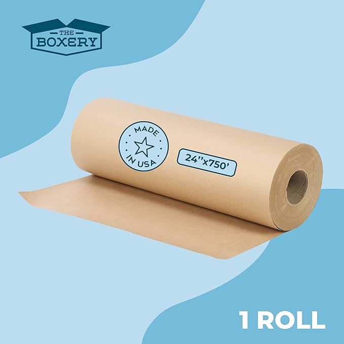The Boxery Kraft/Brown Kraft Paper Roll, 24” x 9000” (750’)-50lb. Thickness, Heavy Duty Brown Wrapping Paper, Natural Kraft Packing Paper, Void Fill, Arts and Crafts, Bulletin Boards, Gift Wrapping