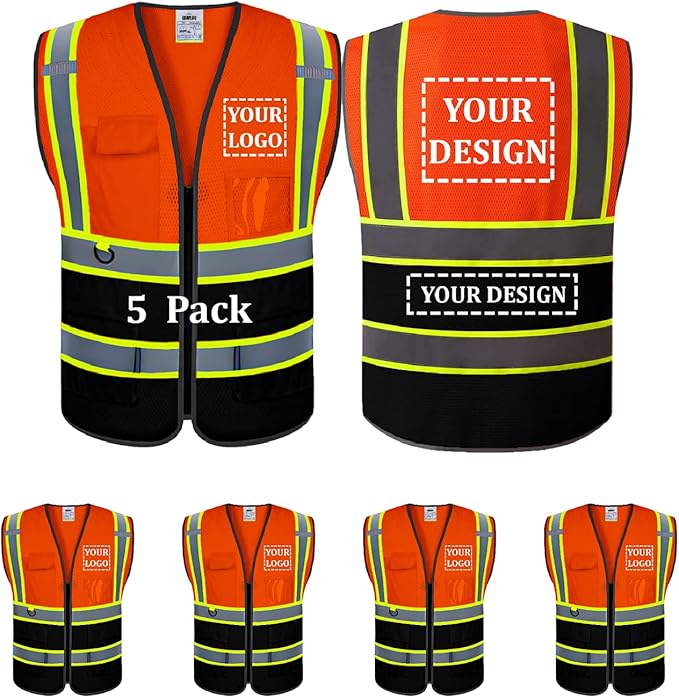 Custom Safety Vest Customized Logo Mesh Vest Class 2 High Visibility Reflective Vest with Pockets Orange Workwear（Orange Black，XL ）