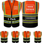Custom Safety Vest Customized Logo Mesh Vest Class 2 High Visibility Reflective Vest with Pockets Orange Workwear（Orange Black，L ）